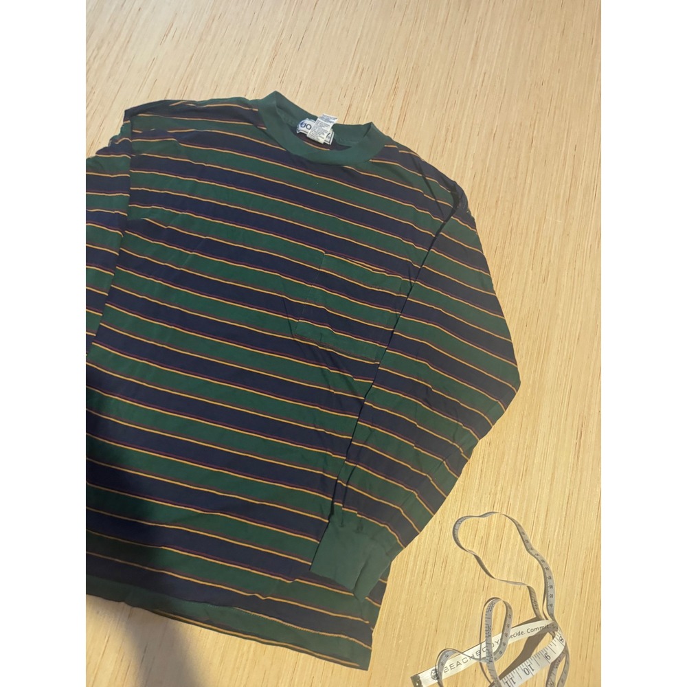 Vintage Jockey Mens Striped Long Sleeve Pocket T-Shirt Green Navy Medium 44
